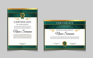 Set of certificate of achievement border design templates with elements of  luxury gold badges and modern line patterns. vector graphic print layout can use For award, appreciation, education