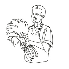 Continuous line drawing illustration of a green grocer holding produce front view done in mono line or doodle style in black and white on isolated background. 