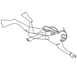 Continuous line drawing illustration of a scuba diver diving down Side View done in mono line or doodle style in black and white on isolated background. 