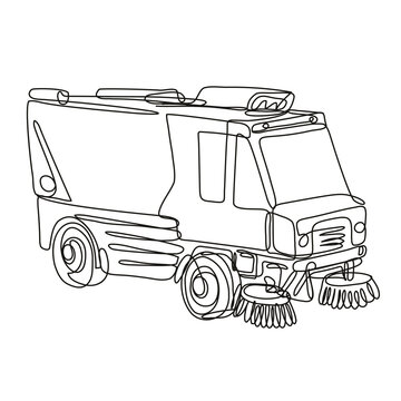 recommend clip art: Continuous line drawing illustration of a street sweeper or street cleaner truck side view done in mono line or doodle style in black and white on isolated background. 
