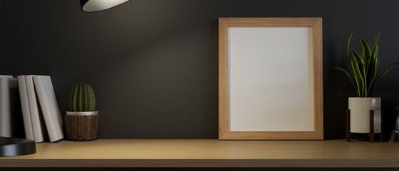 Empty wooden photo frame in minimal tabletop with modern decor, 3d rendering