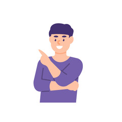 illustration of a man pointing at something. pose to present, to inform. smiling person. recommend. pointing with a finger. flat cartoon style. vector design