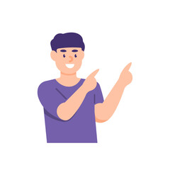 illustration of a man pointing at something. pose to present, to inform. smiling person. recommend. pointing with a finger. flat cartoon style. vector design