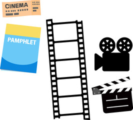 映画のチケットや映写機のイラストセット