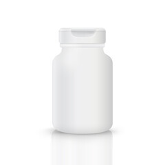 Plastic bottle template Flip cap for pills or vitamins Isolated from a white background with realistic reflections.