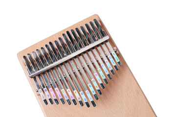 Top view wooden african instrument Kalimba musical instrument on background.