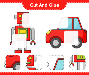 Cut and glue, cut parts of Robot Character and Car. And glue them. Educational children game, printable worksheet, vector illustration