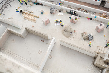 Overhead view of construction workers at construction site