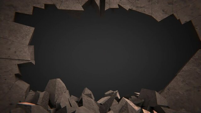Abstract 3d rendering of cracked surface. Wall destruction, 4k video