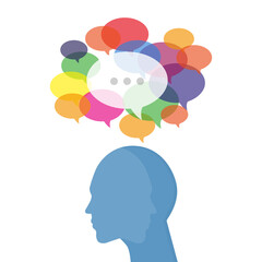 Idea. Concepto de razonamiento, imaginación, pensamiento, opinión. Persona y burbujas de pensamiento. Ilustración vectorial