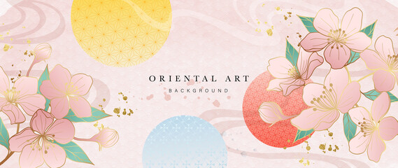 Luxury oriental style background vector. Chinese and Japanese oriental line art with golden texture. Wallpaper design with The sun and cherry blossom and Ocean and wave wall art. Vector illustration. © TWINS DESIGN STUDIO