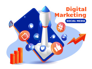 Rocket boosting digital marketing social media with smartphone