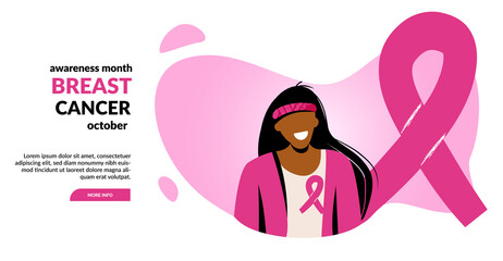 Breast Cancer awareness banner illustration. Faceless woman with pink ribbon. Pink october month female healthcare campaign solidarity web template design. Pinktober flat vector cartoon illustration - obrazy, fototapety, plakaty