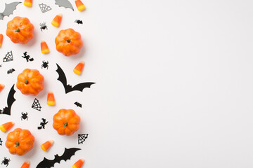 Obraz na płótnie Canvas Top view photo of small pumpkins candy corn witches spiders web and bats silhouettes on isolated white background with blank space