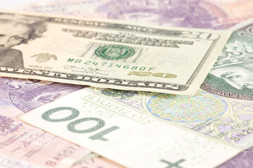 Banknoten Dollar und Polnische Zloty PLN