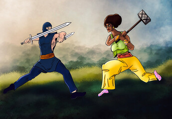 a strong african woman with a warhammer fighting a skilled ninja