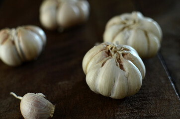 Bunch of fresh garlic on the wooden table