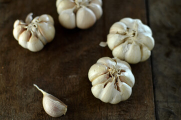 Bunch of fresh garlic on the wooden table