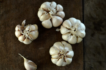 Bunch of fresh garlic on the wooden table