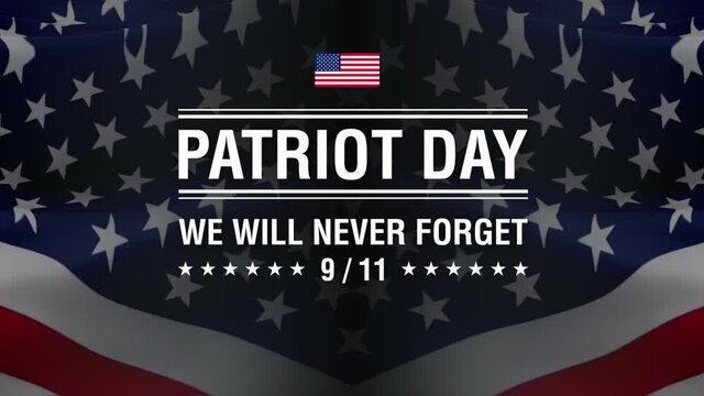 Patriot Day, We will never forget text with american flag on dark blue US background for Patriot Day. National Day of Prayer and Remembrance for the Victims of the Terrorist Attacks on 09.11.2001
