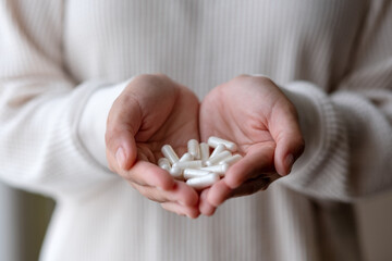 Closeup image of a woman holding white medicine capsules in hands