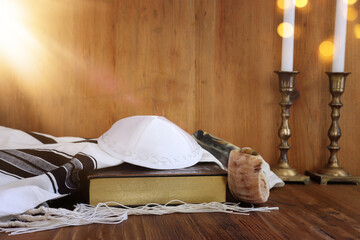 religion image of shofar (horn) and white prayer talit. Rosh hashanah (jewish New Year holiday),...