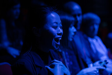 Smiling, enthusiastic woman cheering in audience