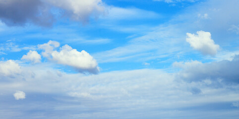 Blue sky with white fluffy clouds panoramic background