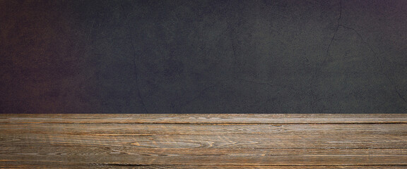 The background is blank wooden boards and a textured plastered wall with lighting and vignetting.