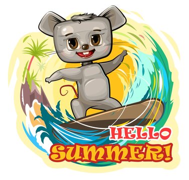 Fun cute Mouse goes in for sports on the water. Surf tube. Summer vacation in tropic ocean. Hello summer. Adventure and travel on wave. Isolated on white background. Cartoon style. Vector