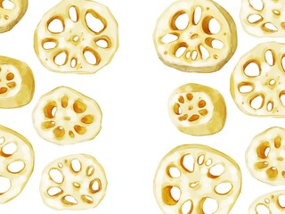 手描き水彩の輪切りれんこん長方形フレーム・左右