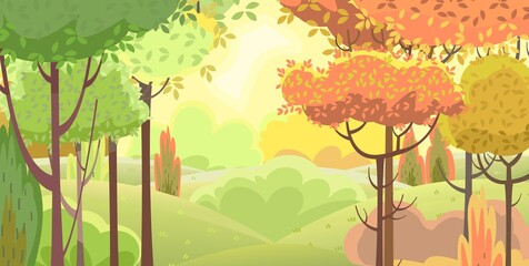 Forest. Funny beautiful autumn landscape. Foliage. Cartoon style. Hills with grass and red, yellow, orange trees. Cool romantic pretty. Flat design illustration. Vector art