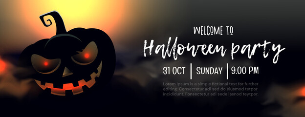Mystical dark illustration. Halloween party invitation graphic design.Dark silhouette of scary pumpkin character on the background of the moon in the fog. 