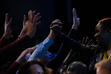 Audience reaching for and talking with speakers