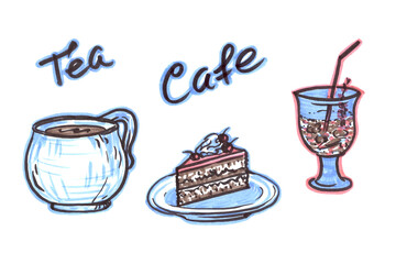 Felt pen food Element in the style of line art wedding theme on a white background. Doodle and scribble blue and pink appetizing piece of cake on violet plate, a cup of tea, glass of lemonade and