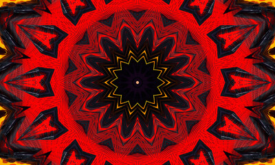 Red and black kaleidoscope star and cross with purple glowing edges.