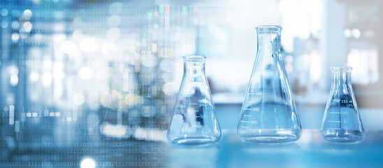 clear glass three flask in chemistry science research lab blue banner background..