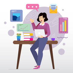 woman presenting in front of a desk with a laptop in the office. Front look. Colorful flat cartoon vector icon.
