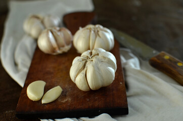 Bunch of Fresh garlic on wooden table