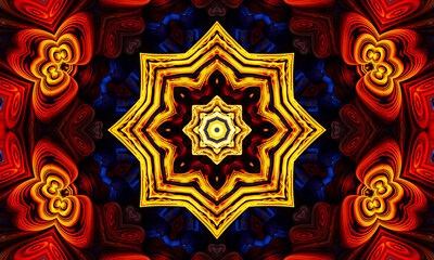 Star kaleidoscope background. Beautiful multicolor kaleidoscope texture. Unique kaleidoscope design, unique shape, wonderful texture, orange abstract pattern