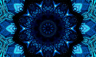 Blue navy kaleidoscope pattern abstract background. Circle pattern. Abstract fractal kaleidoscope background. Abstract fractal pattern geometrical symmetrical ornament. Kaleidoscope blue pattern