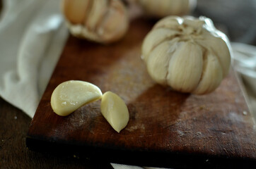 Bunch of Fresh garlic on wooden table