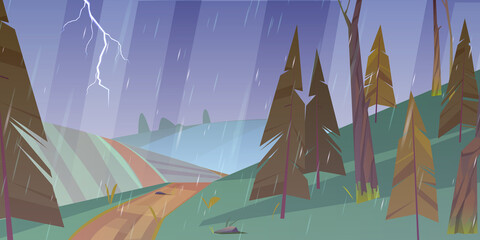 Thunderstorm landscape with rain and lightning.Vector cartoon illustration of storm weather in countryside with green fields, hills, road and coniferous forest © klyaksun