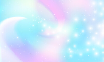 Unicorn background with rainbow mesh. Girlie universe banner in princess colors. Pastel clouds and sky with bokeh. Holographic fairy background with magic sparkles, stars and blurs. Vector EPS10. © SappawatS
