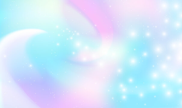 Unicorn background with rainbow mesh. Girlie universe banner in princess colors. Pastel clouds and sky with bokeh. Holographic fairy background with magic sparkles, stars and blurs. Vector EPS10.
