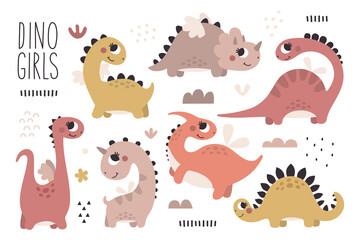 Obraz premium Cute Vector Set with Dinosaur Girls with plants, trees, bushes, stones in trendy boho colors