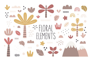 Modern floral vector set with plants, leaves, flowers, bushes, graphic elements, shapes, trees, palm trees, stars in trendy boho colors