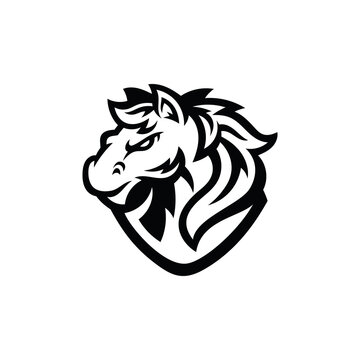 Horse Stallion Mustang Head Cartoon Mascot illustration Logo in Black and White Color