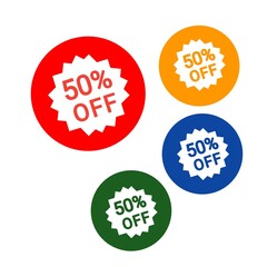 50 percent off sale set of stickers label various color web icon of brand and product promotion circle star 