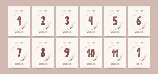 Kids milestone cards. Nursery posters capturing special moments. Cute numbers for birthday card template. Scandinavian vector illustration in boho style.